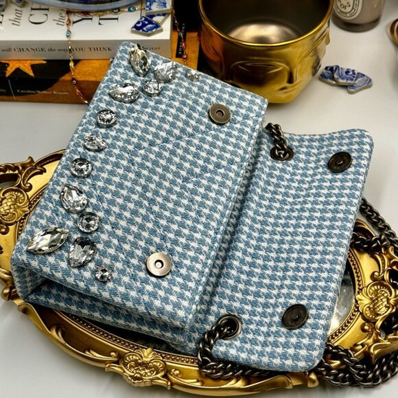 🆕 KURT GEIGER LONDON 🧿 NWOT Blue & White Houndstooth Kensington Bag, Crystals - Picture 11 of 16